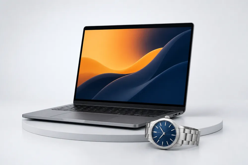 Illustrative laptop and watch on a studio display
